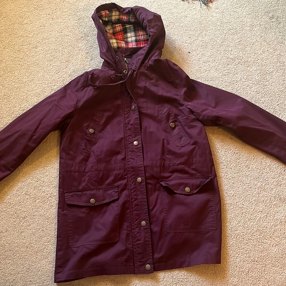 Maroon spring jacket with plaid hood lining